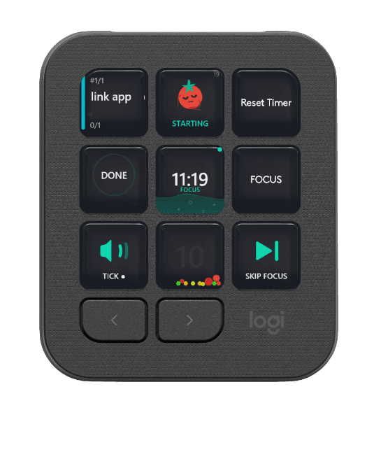 PomoDeck Pomodoro timer displaying focus session on Logitech MX Creative Console with LCD widget